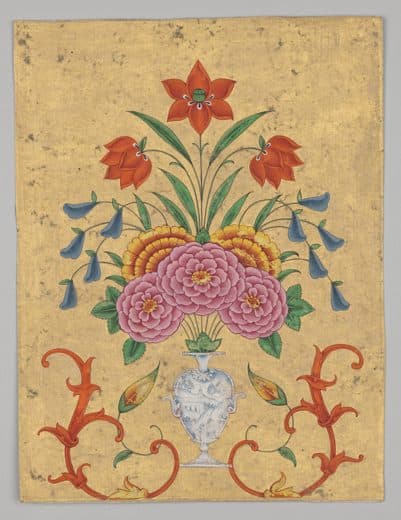 Unknown — Vase with flower arrangement and scrollwork